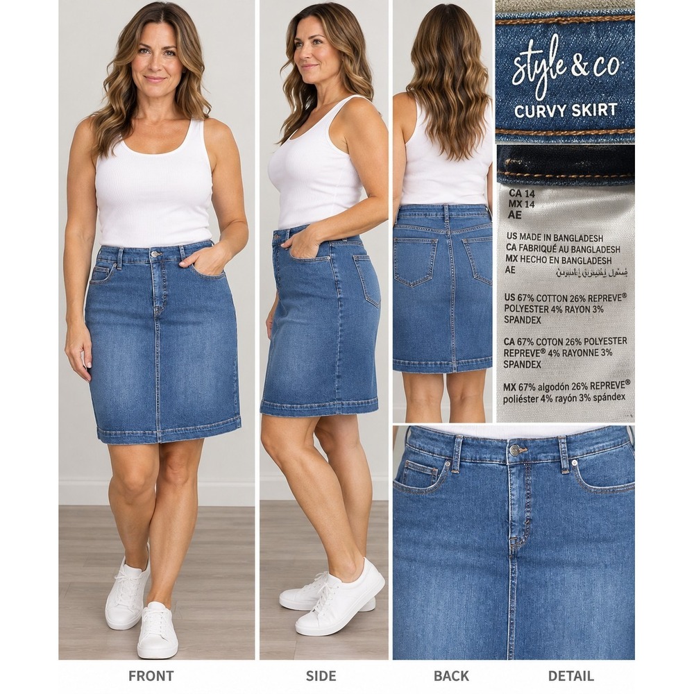 Style & Co Womens 14 Curvy Denim Skirt Blue Stretch Jean Knee Length Cotton